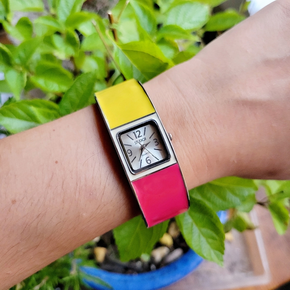 Classic Retro Pink & Yellow Studio Quartz Womens Womans Watch